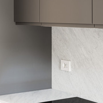 Foto di dettaglio | Cucina laccata grigia con top in Marmo Carrara