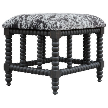 Luxe Rustic Faux Cow Hair Hide Spindle Leg Stool Bench Black Gray White Seat