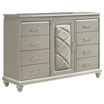 Wooden Dresser with Eight Spacious Drawers and One Door Shelf, Silver