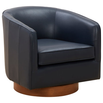 Taos Top Grain Leather Wood Base Swivel Accent Chair, Midnight