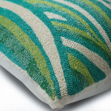 Green Throw Pillow Cover, Beaded Sea Waves 16"x16" Silk, Cool Maldives