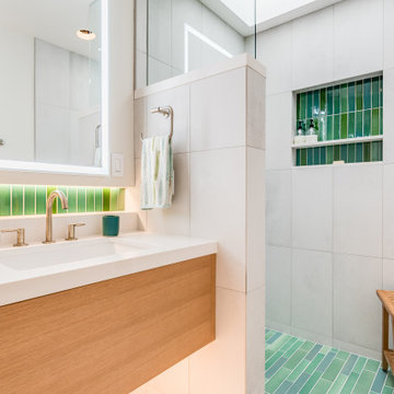Green Tile Shower Floor in Spacious Open Shower Stall
