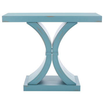 Modern Console Table, Unique Curved X-Shaped Base & Large Top, Blue