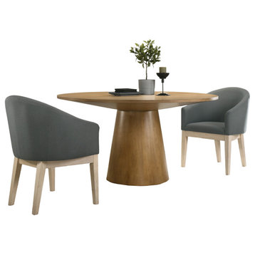 Jasper 3 Piece Round Dining Table Set, Gray Barrel Chairs, Driftwood/Gray