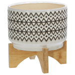 Sagebrook Home - Ceramic 5" Abstract Planter On Stand, Ivory - This hand painted planter gives a bold tribal feel. Finished both inside and out it looks great with or without a plant. Works well with a strong color pallet.