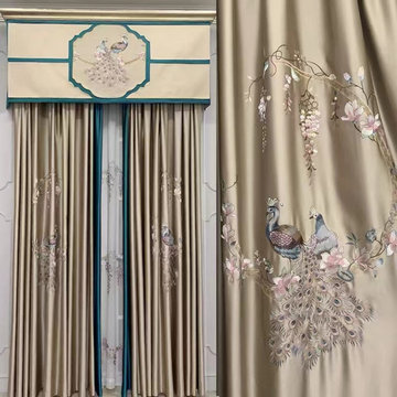 QYHL225C Silver Beach Embroidered Colorful Peacock Faux Silk Custom Made Curtain