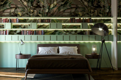 他の地域にある中くらいなモダンスタイルのおしゃれな主寝室 (マルチカラーの壁、濃色無垢フローリング、壁紙)