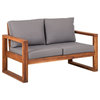 Walker Edison Hudson Acacia Wood Patio Love Seat with Gray Cushions in Brown