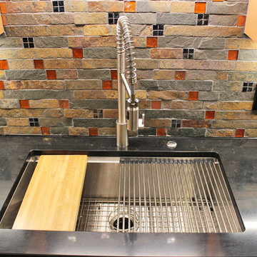 Waypoint Maple Spice Kitchen Cabinets w/ Fire & Ice Brick Mosaic Backsplash