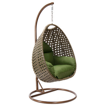 LeisureMod Beige Wicker Hanging Egg Swing Chair With Stand and Cushion, Dark Green