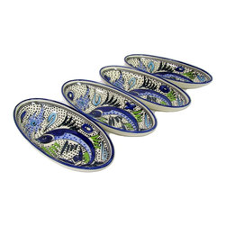 Le Souk Ceramique - Small Stoneware Oval Platters, Set of 4, Aqua Fish Design - Serving Dishes And Platters