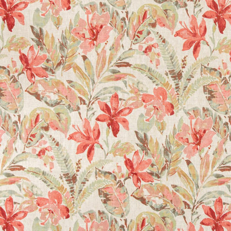 Pink Coral Red Performance Botanical Print Upholstery Fabric by the Yard