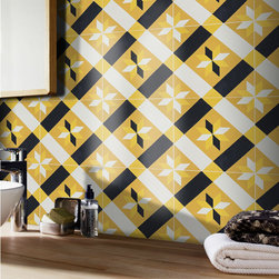 Moroccan mosaic & Tile House - 8"x8" Kotoubia Handmade Cement Tile, Gold/Black/White, Set of 12 - Wall And Floor Tile
