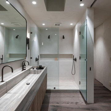 Malibu Condo Primary Bathroom with Double Vanity and Walk In Shower