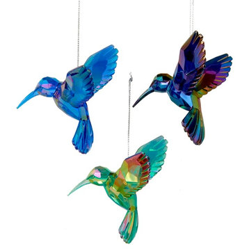 Acrylic Green Blue and Purple Hummingbirds Holiday Ornaments Set of 3