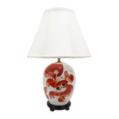 Vintage Style Orange Foo Dog Porcelain Lamp With Shade and Finial