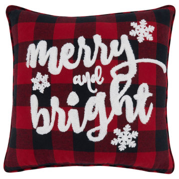 Down Filled Plaid Throw Pillow With Merry and Bright Design, 16"x16", Red