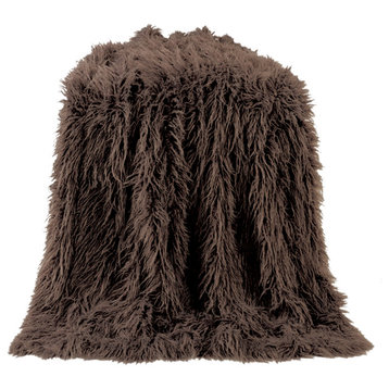 Mongolian Faux Fur Throw Blanket, 50"x60", Chocolate