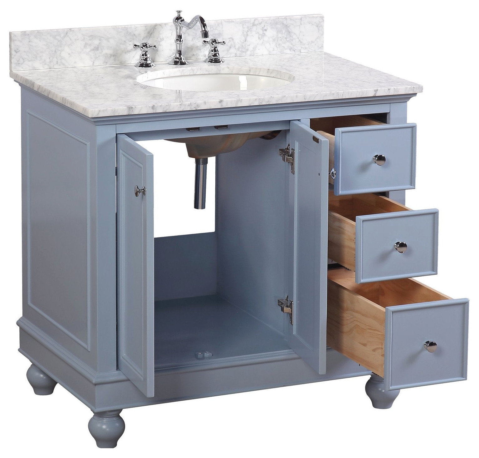 Bella 36" Bathroom Vanity, Powder Blue, Carrara Marble