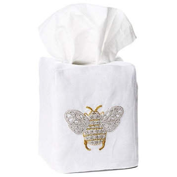Bee Tissue Box Cover, White Linen