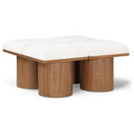 Meridian Furniture - Pavilion Black Boucle Fabric Bench, Cream, Walnut Brown Finish, 36" W X 31" D X 17.5" H - Bring valuable seating and remarkable style to your space with this cream Pavilion boucle fabric bench, an exquisite balance of style and usability for the entryway, bedroom, and beyond. Crafted from oak veneer with a walnut brown finish, this bench has a 4-inch-thick seat cushion that's channel-tufted for a touch of luxury. The bench's columnar bases add a dash of art deco design, making it a captivating focal point in any room.