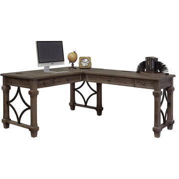 Unique L-Shaped Desk, Diamond Shaped Metal Side Accents, Weathered Dove