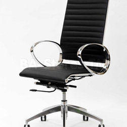 Ribbed High Back Chair in Genuine Leather with Thick Round Arms - Home Office Accessories
