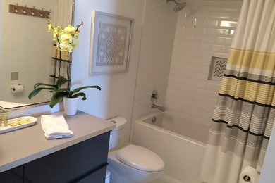 Mid-sized beach style master white tile and ceramic tile marble floor and multicolored floor bathroom photo in Other with flat-panel cabinets, gray cabinets, a one-piece toilet, white walls, a vessel sink and laminate countertops