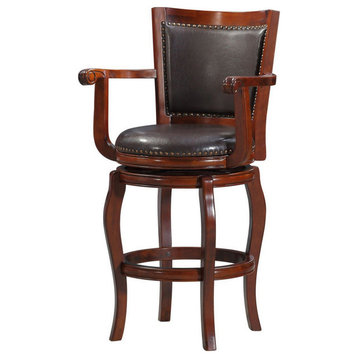 Benzara BM241952 Swivel Barstool, Sleek Rolled Arms and Nailhead Accents, Brown