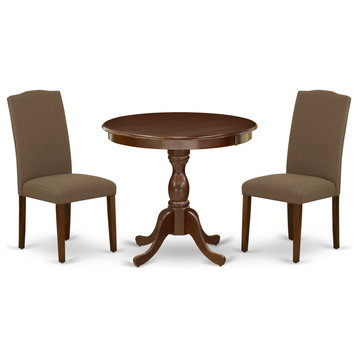 3Pc Wood Dining Set, 1 Round Pedestal Table, 2 Dark Coffee Chairs, Mahogany