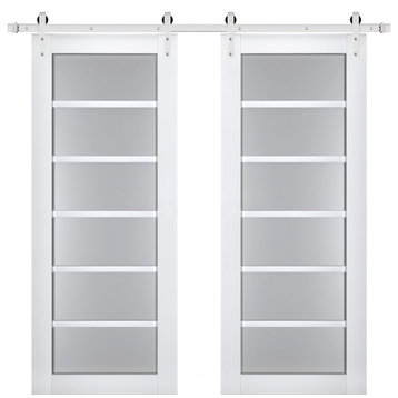 Double Barn Door 48 x 84, Veregio 7602 White & Frosted Glass, Silver 13FT