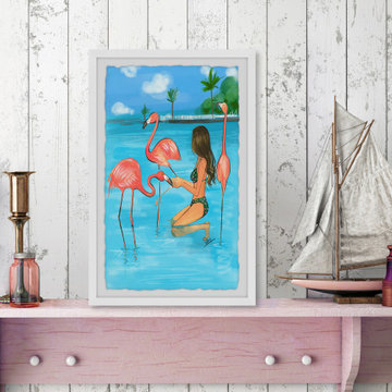 "Feed Flamingos" Framed Painting Print