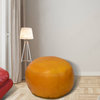 Solid Handmade Leather Pouf (Recycled Foam with Fibre Fill), Mustard, [Round) 21x21x12