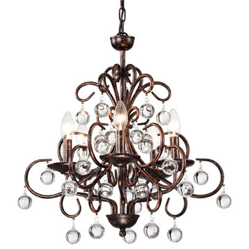 5-Light Antique Copper Finish Iron and Crystal Chandelier