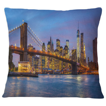 Brooklyn Bridge with Lights and Reflections Cityscape Throw Pillow, 18"x18"