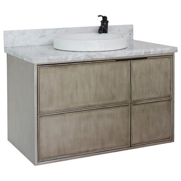 37" Single Wall Mount Vanity, Linen Brown Finish With White Carrara Top