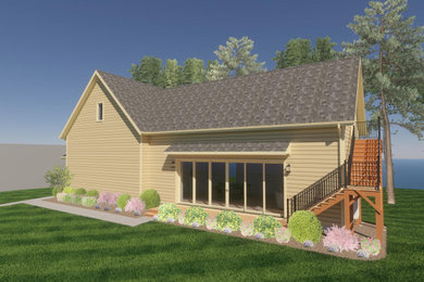Example of a trendy yellow one-story concrete fiberboard and clapboard gable roof design in Richmond with a shingle roof