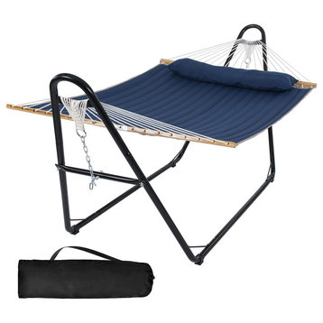 Extra Large Hammock, Angled Metal Stand With Quilted Polyester Bed, Blue