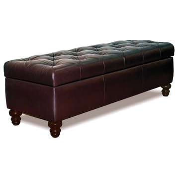 Chesterfield Storage Bench, Button Tufted Ottoman In Espresso Genuine Leather, King