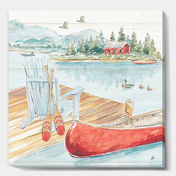 Designart Lake House Canoes Iii Lake House Framed Painting Print, White, 30x30