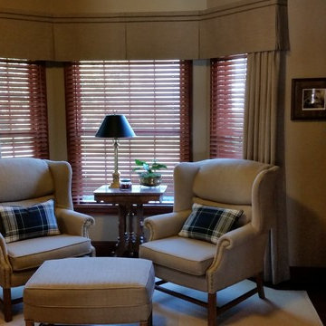 Office/Den Bay Window with Box Pleat Valance and Stationary Panels