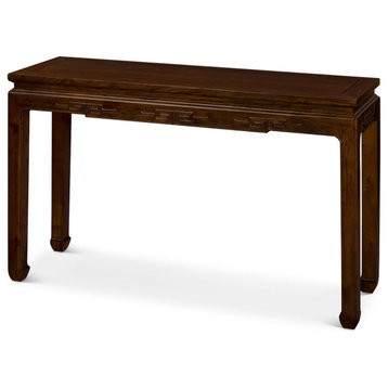 Elm Wood Chinese Key Motif Console Table, Brown