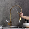 High Arc Dual-Mode Pull-Down Kitchen Faucet Solid Brass with Porcelain Handle, Gold_chrome