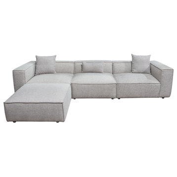 4 PC Set Grey-Beige Low Back Profile Modular Sectional Sofa With Ottoman