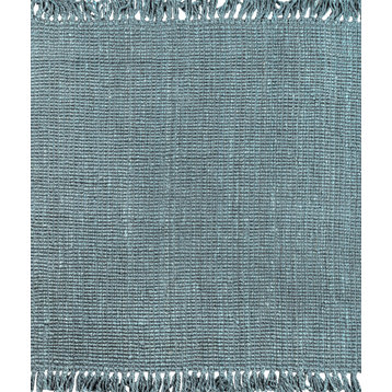 Pata Hand Woven Chunky Jute With Fringe Light Blue/Gray 8' Square Area Rug
