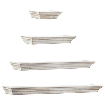 Floating Shelves with Crown Molding - Whitewashed - Set of 4