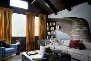 Inspiration for a large contemporary loft-style vaulted ceiling and shiplap wall living room remodel in Atlanta