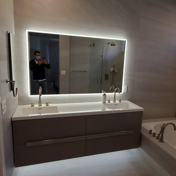 Master bathroom gray modern backlit mirror