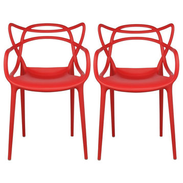 Stackable Molded Plastic Dining Chair With Arms Kitchen Outdoor Modern Set of 2, Red