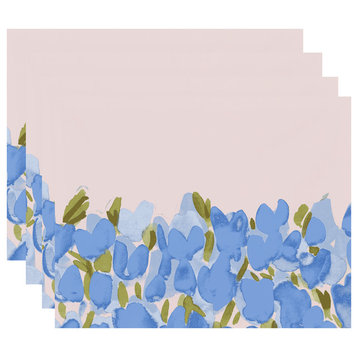 Tulip Blossom Garden Floral Print Placemats, Set of 4, Blue, 18"x14"